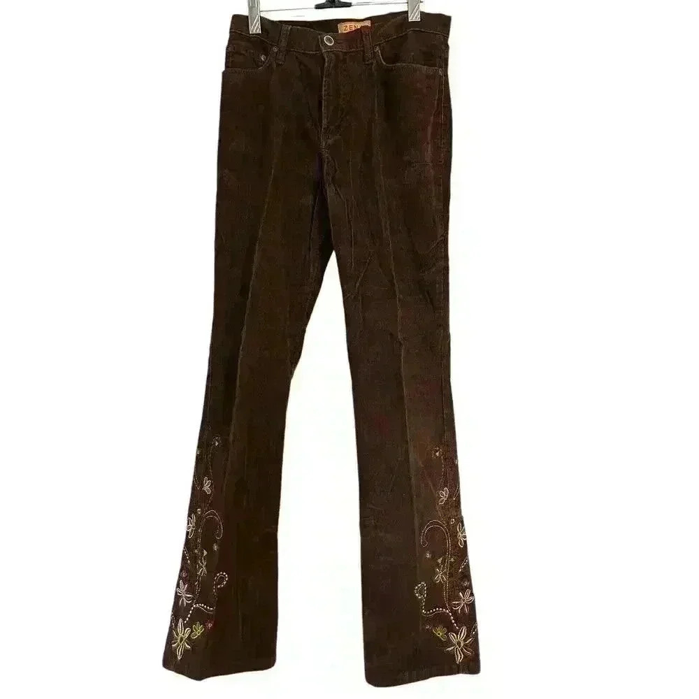 Vintage Zena Jeans Brown Corduroy Embroidered Size 4 Pants Mid rise women's